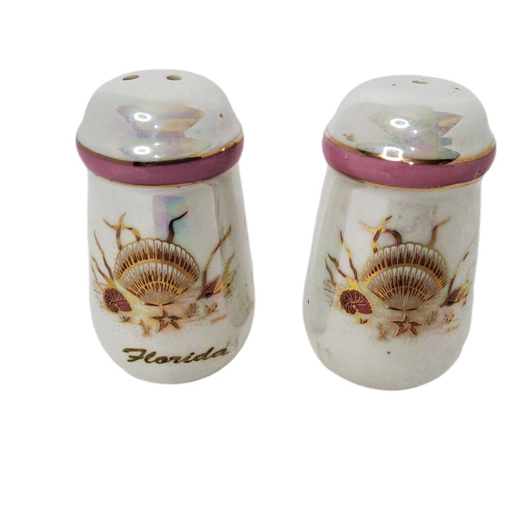 Vintage Collectible Florida Souvenier Ceramic Salt & Pepper Shakers Iridescent w